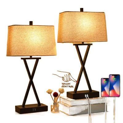 Modern USB Table Lamp Linen Shade Wireless Charge Table Lamps Black LED Light