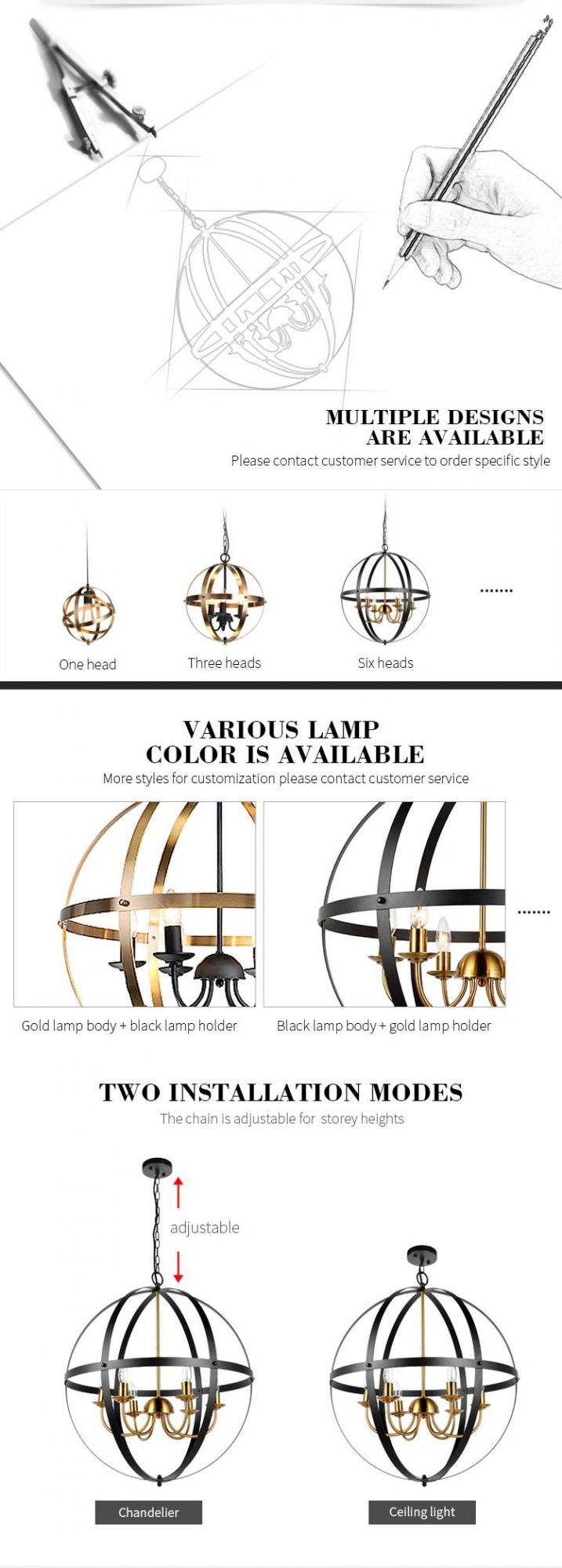 Industrial Style Gold 4 Heads Hanging Light for Dining Living Room DIY Ceiling Pendant Light