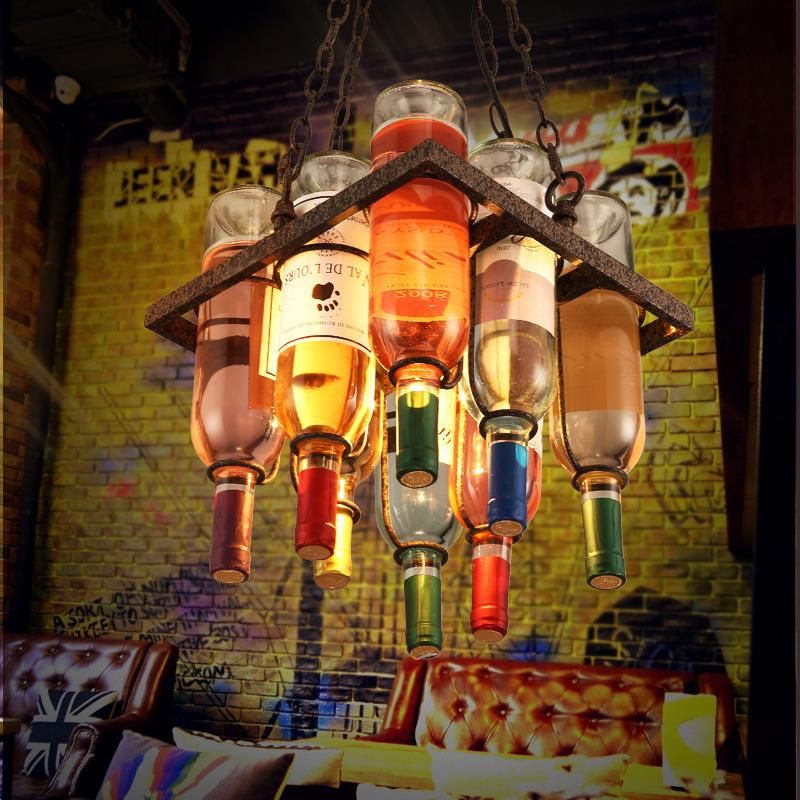 Industrial Pendant Light Art Decoration Iron Glass Wine Bottle Chandelier Pendant Lamp Hanging Kitchen Light