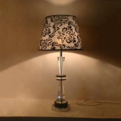 Clear Crystal Lamp Body with Metal Middle Rod and Pattern Fabric Shade Table Lamp.