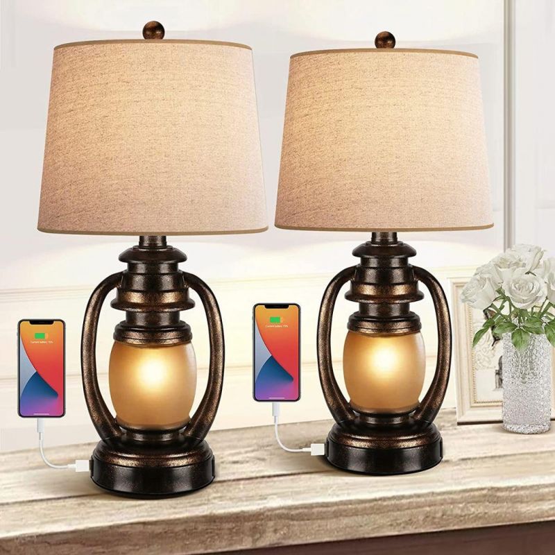 Farmhouse Bedside Table Lamps for Living Room Set of 2 Oatmeal Tapered Drum Shade Rustic Bedroom Nightstand Lamps with 2 USB Port and Outlet