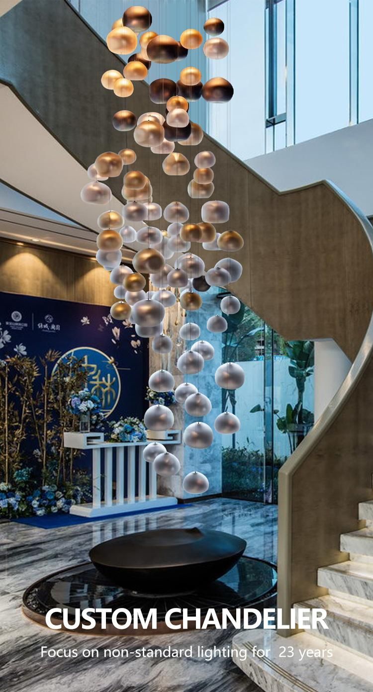 Custom Engineering Decorative Long Stairway Luxury Glass Steel Wire LED Chandelier Lamp
