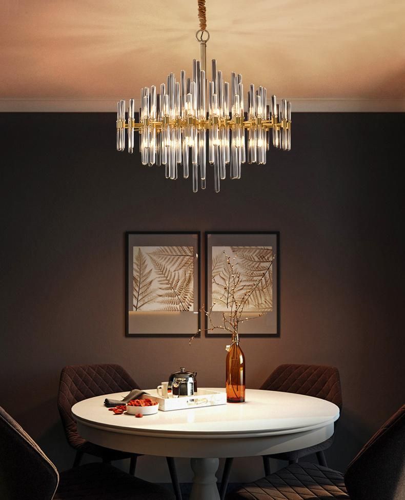 Luxury Post Modern Hotel Living Room Gold Chandelier with Clear Glass Rod