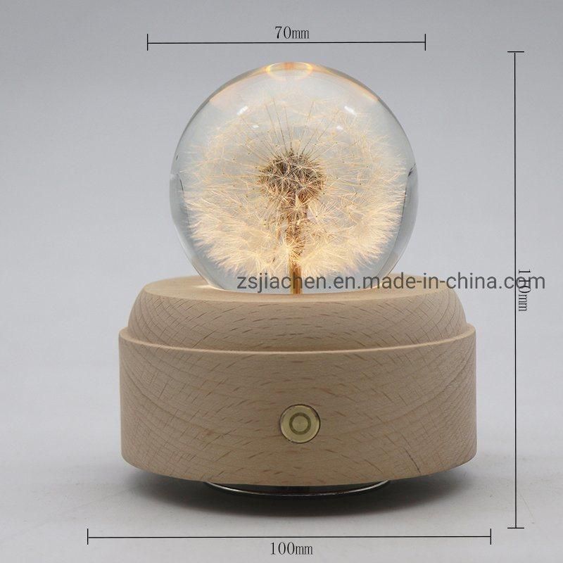 Manufacturer Hot Selling Plant Specimen Dandelion 3D Crystal Ball Wooden LED Desk Table Lamp Night Light with Music Box