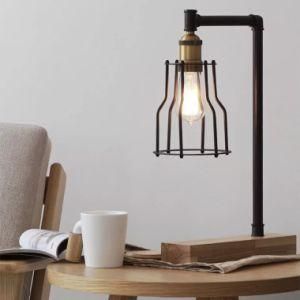 Vintage E27 Socket Metal Cage Wood Bed Desk Lamp for Bedroom