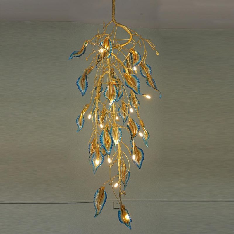 2022 New Meerosee Crystal Feathers Light Fixtures Large Copper Chandelier Long Brass Colorful Leaves Lamp Branch Light