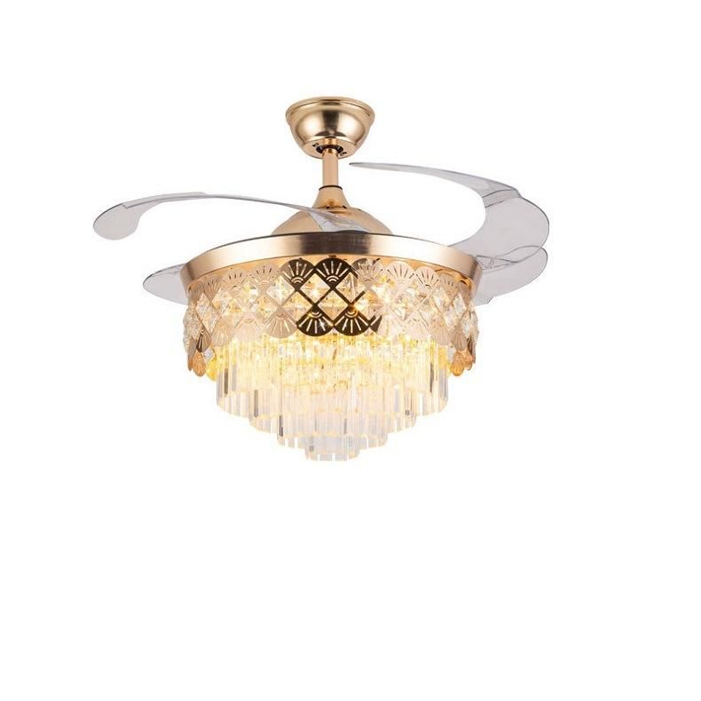 Luxury Crystal Gold Chandelier Reversible Invisible Retractable Ceiling Fan with Light