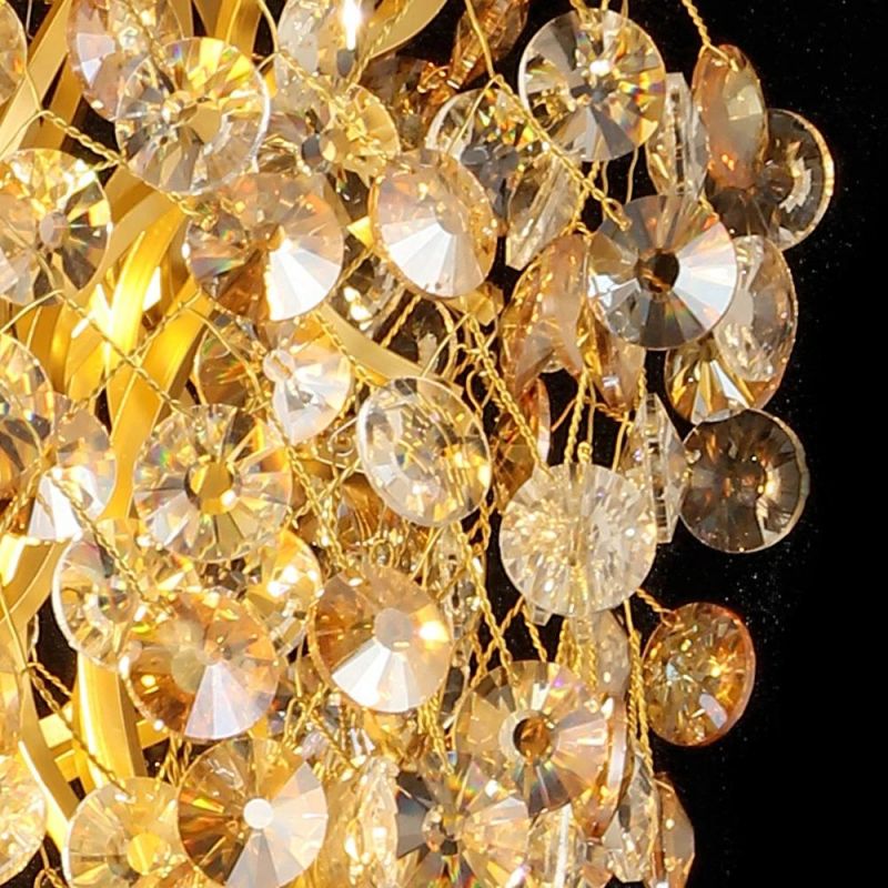 2022 Polished Long Shape Handmade Customized Copper Brass Leaf Clear Crystal Ceiling Pendant Lamp Chandelier Hotel Lobby Hall Stair