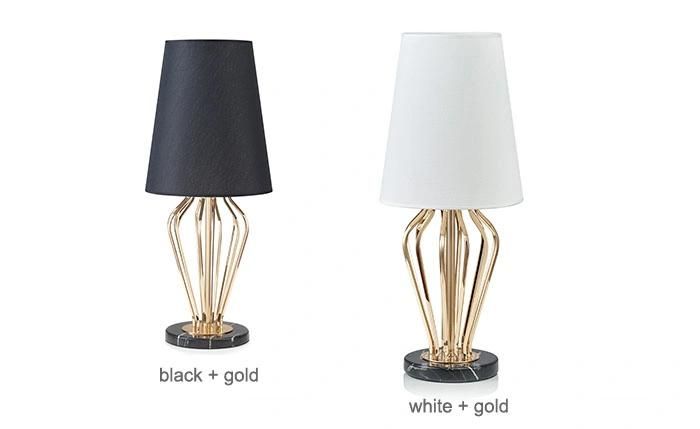Golden Metal Hotel Modern Desk Table Lamp Light in Black Marble Base, with White Fabric Shade