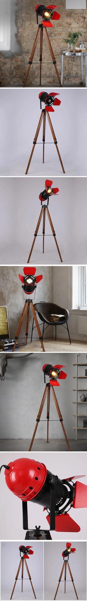 Retro Industrial Photography Floor Lamp with Wood Tripod Base Height Adjustable in Chrome Color