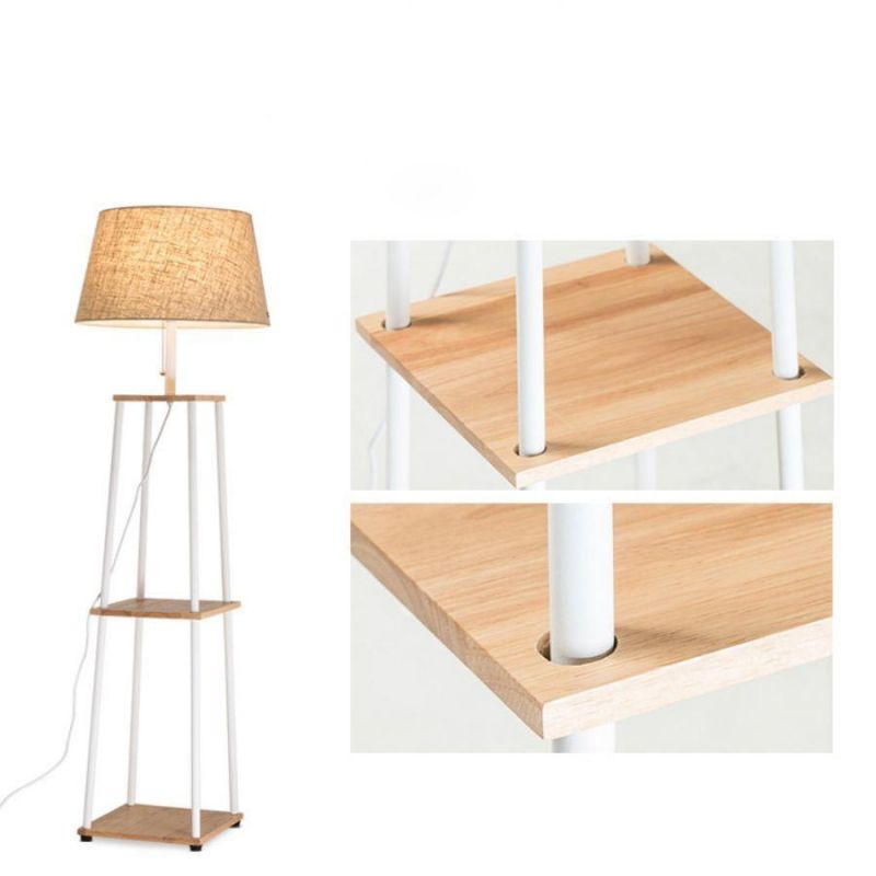 Shelf Wood Custom Floor Lamp with Fabric Shade for Indoor Decoration