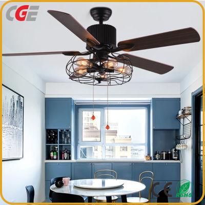 Ceiling Fan with Light for Restaurant Living Room Bedroom Create Iron Cage Rustic Style LED Lamp