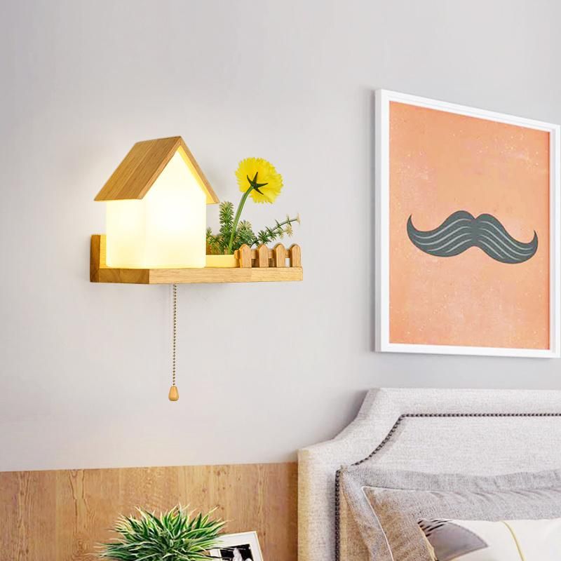 Solid Wood LED Bedroom Light with Switch, Living Room Wall Light