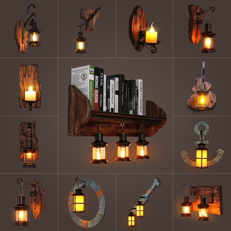 Amazon Hot Sale Indoor Cafe Iron Retro Wall Mounted Metal Wood Bar Lamp LED Loft Rustic Vintage Industrial Wooden Wall Lights