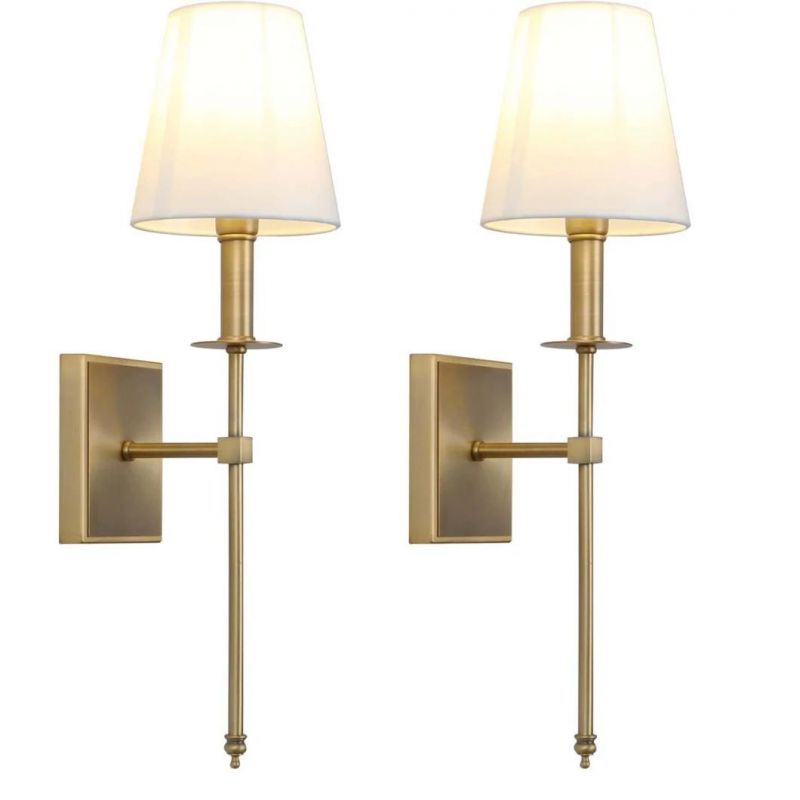 Classic Rustic Industrial Wall Sconce Lighting Fixture with Flared White Textile Lamp Shade and Antique Brass Tapered Column Stand