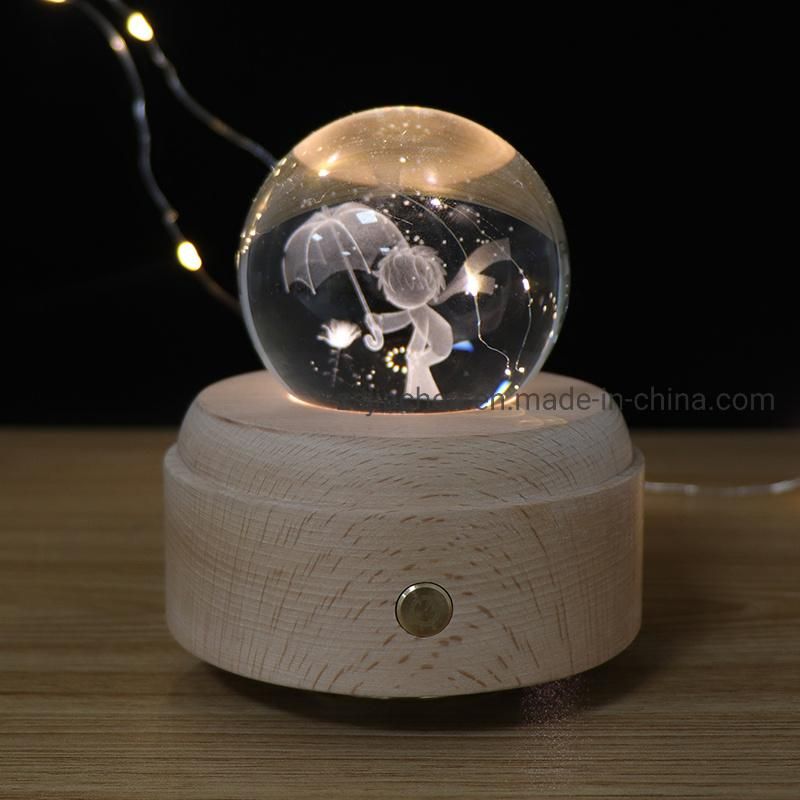 Best Selling Prince 3D Glass Ball Lamp Gift LED Wood Base Desk Table Lamp Night Light with Music Box