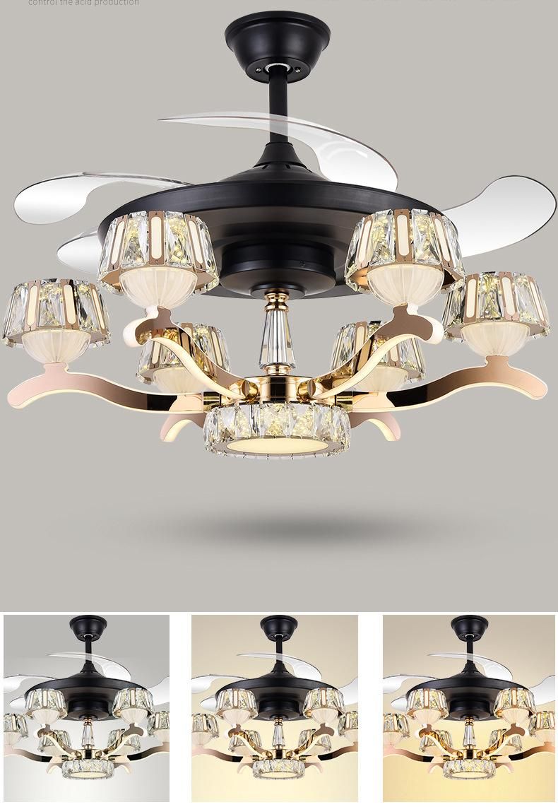 LED Ceiling Fan Decorative Luxury Retractable Chandelier Crystal Fancy Hidden Transparent Blade
