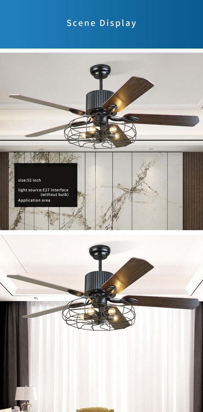 Ceiling Fan with Light for Restaurant Living Room Bedroom Create Iron Cage Rustic Style LED Lamp