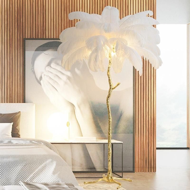 Luxury Modern Light Antique Brass Crystal Feathers Floor Lamps Corner Decorative LED Gold Floor Chandelier Lighting