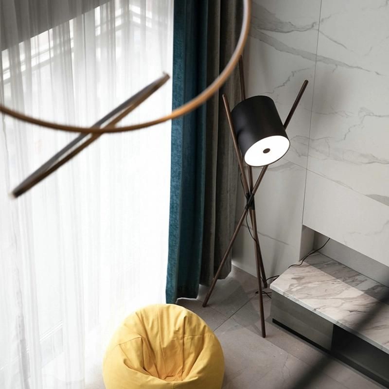 Designer Walnut Solid Wood Three Corner Table Lamp Nordic Lying Drum Model Room Creative Post Modern Three-Legged Leather Floor Lamp