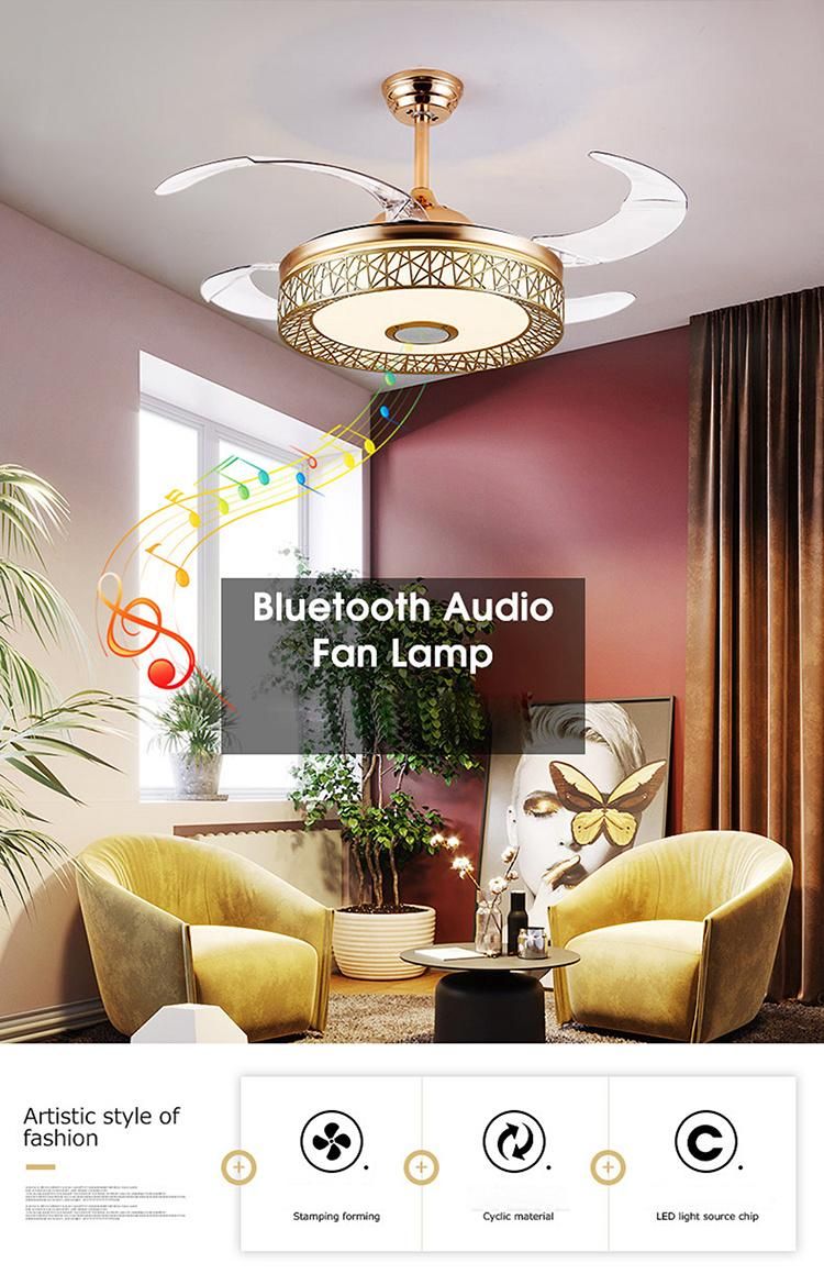 Modern 42" 48"Remote Control Bluetooth DC Retractable Blades Ceiling Pendant Fan Light with Speaker