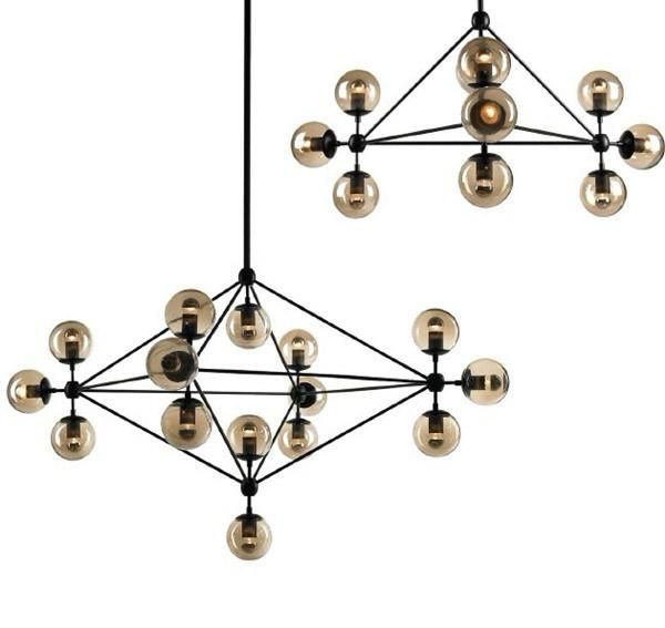 Amber Glass Ball Black Metal LED Lighting Modern Chandelier