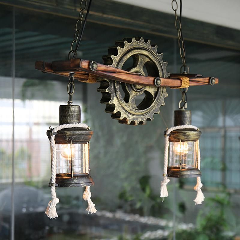 American Design Glass Chandelier Retro Cafe Wooden Lamp Gear Industrial Rectangle Chandelier (WH-VP-71)