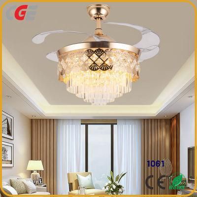 Fan LED L Ight Luxury Crystal Gold Chandelier Reversible Invisible Retractable Ceiling Fan with Light