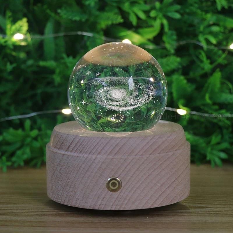 Warm White LED Wooden Table Desk Lamp Music Box USB Battery Night Light with Galaxy Crystal Ball