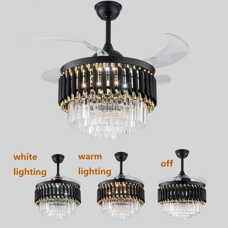 LED Ceiling Fan Lights Copper Mute Motor ABS Retractable Blades Decorative Crystal Modern Indoor