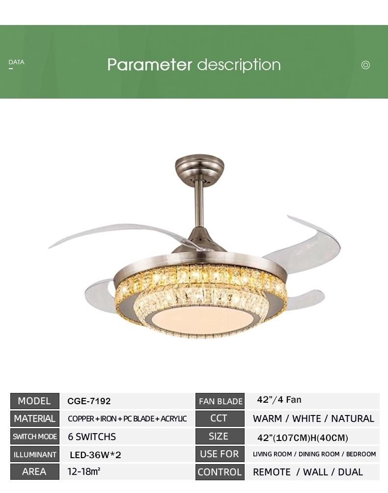 Invisible Fan Lamp Ceiling Fan Light with DC Frequency Conversion LED Crystal Fan Lamp