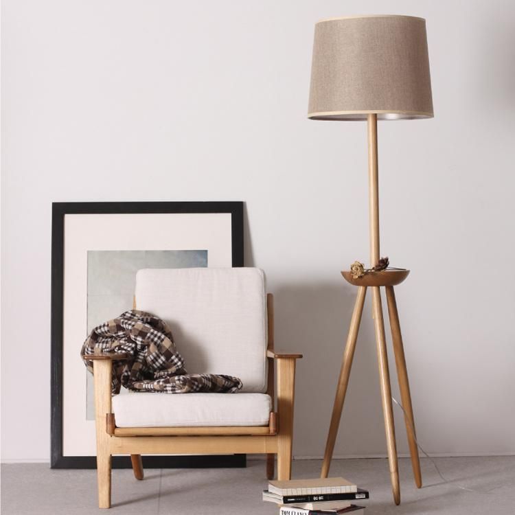 Tripod Wooden Fabric Lampshade Floor Lamp Living-Room Bedroom Light