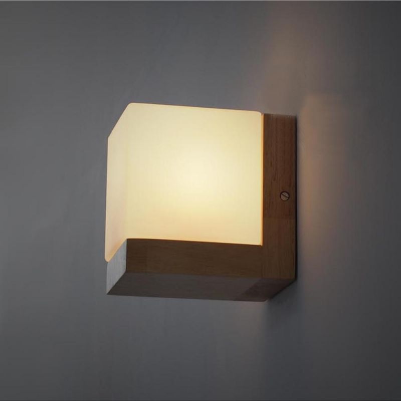 Modern Oak Wood Cube Sugar Shade Wall Lamp Bedroom Wooden Cube Wall Light (WH-OR-126)