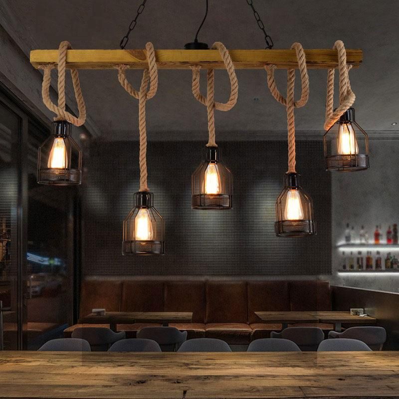 Loft Pendant Lamp Dining Room Restaurant Cafe Living Room Hemp Rope Wood Ceiling (WH-VP-134)