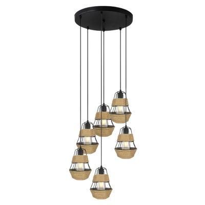 Indoor Light Vintage Iron Black 6 Light Chandelier Pendant Lamp European Antique Rope Lamp