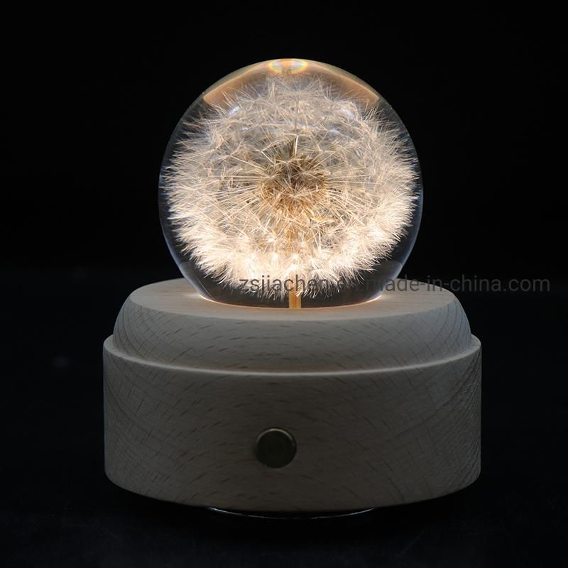Manufacturer Hot Selling Plant Specimen Dandelion 3D Crystal Ball Wooden LED Desk Table Lamp Night Light with Music Box