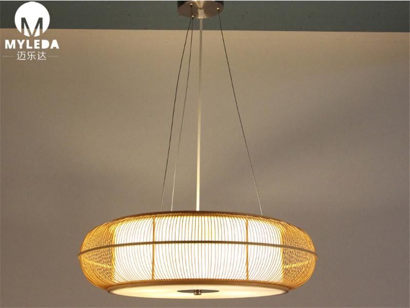Decorative Modern Round Wooden Chandelier with Bamboo Lampshade