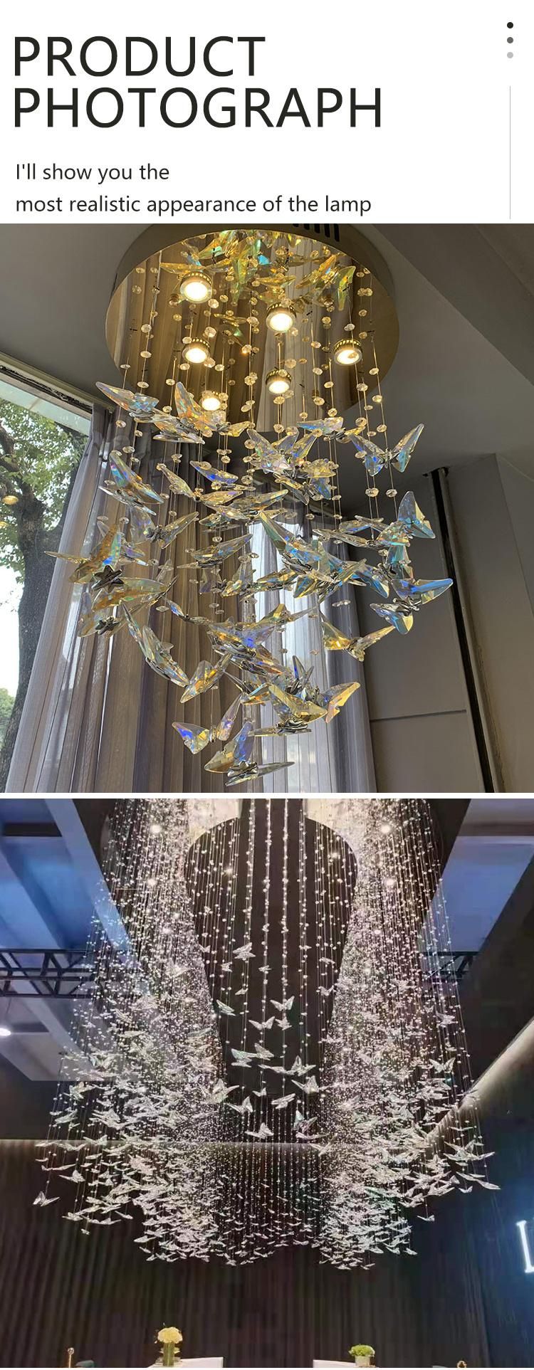 Colorful Butterfly Shape Lamp Long Staircase Custom Glass Luxury LED Chandelier Light