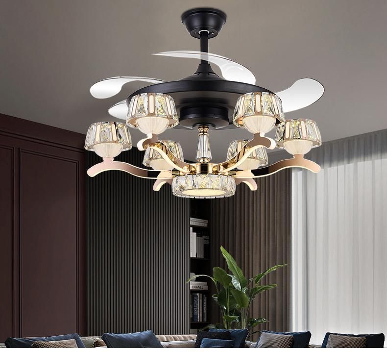 LED Ceiling Fan Decorative Luxury Retractable Chandelier Crystal Fancy Hidden Transparent Blade
