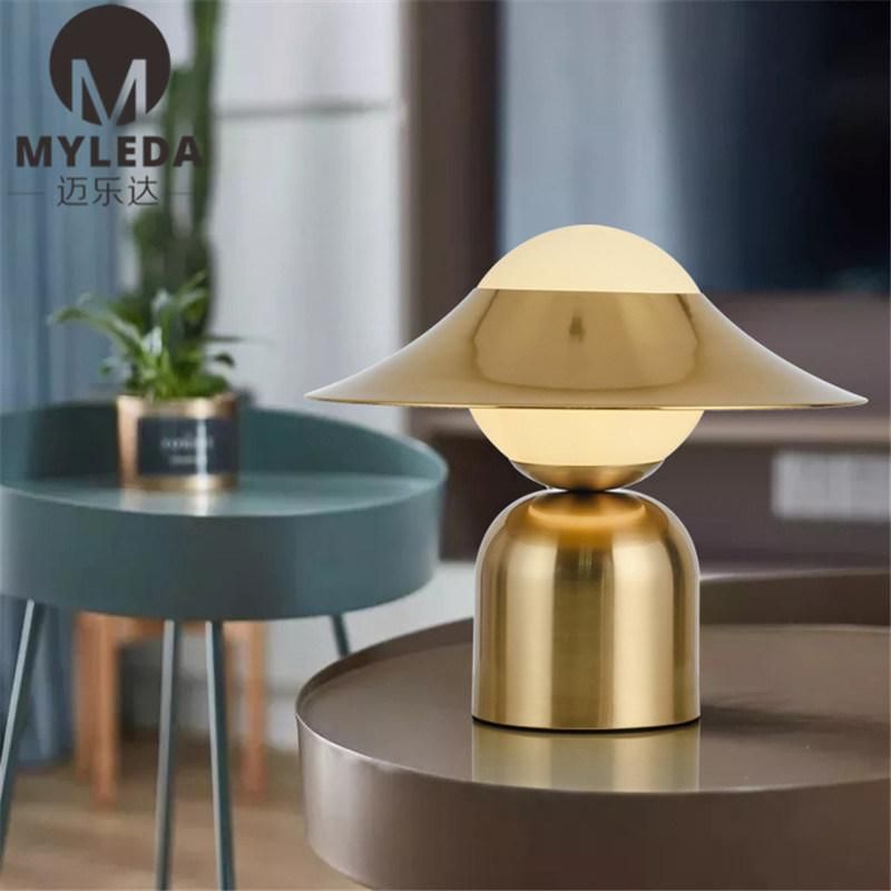 Modern Bedside White Glass Table Lamp with Brass Metal Base