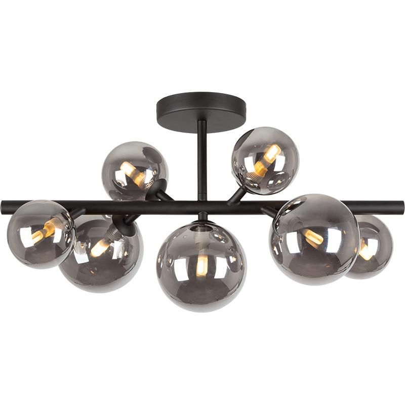 7-Light Glass Globe Chandelier MID-Century Modern Matte Black and Smoky Ceiling Light Fixture Vintage Hanging Pendant Light for Bedroom Living Room Kitchen Farm