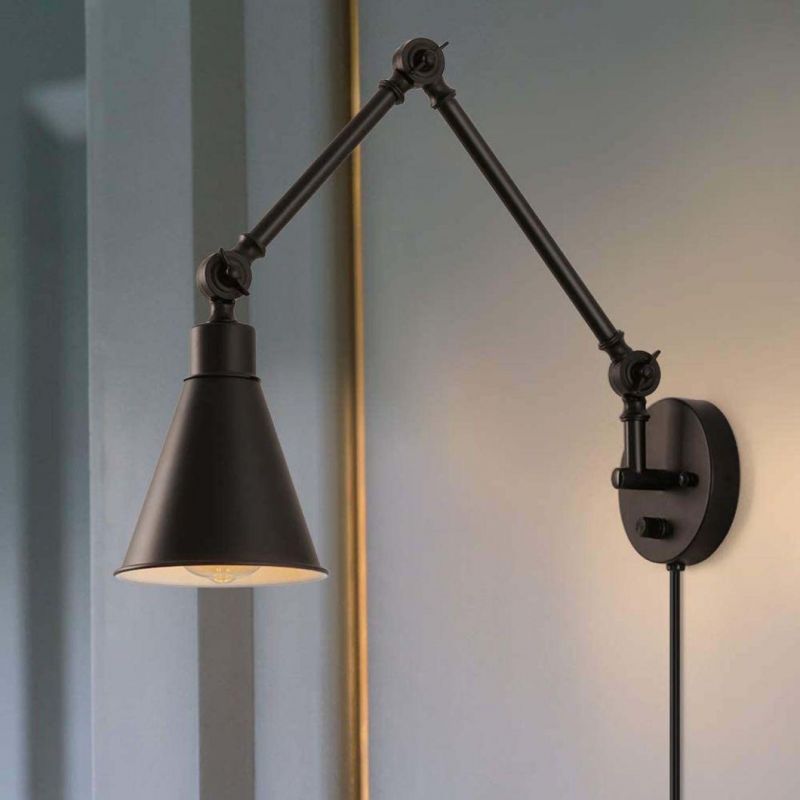 Swing Arm Wall Lamp Bedroom Plug in Wall Light Fixture Dimmable Switch Industrial Metal Black Wall Reading Sconce Living Room Farmhouse Hallway