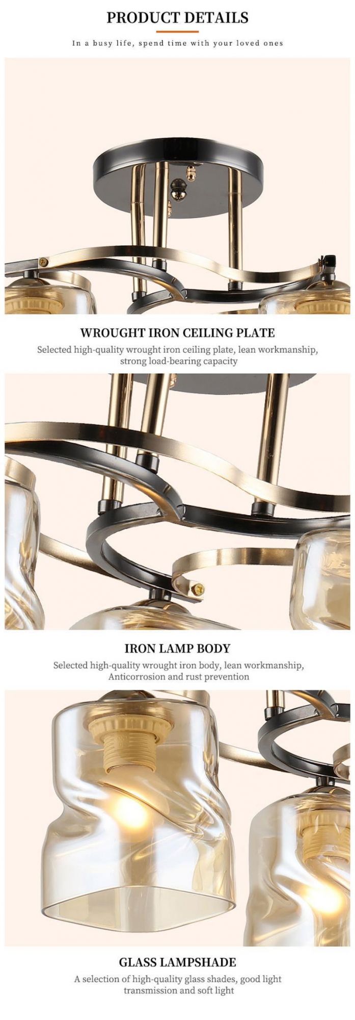 Nordic New Product Indoor Living Room Wrought Iron Metal Crystal Ceiling Lamp
