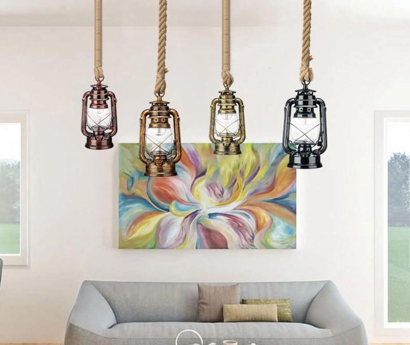 Vintage Industrial Kerosene Pendant Lights Bulb E27 Hemp for Living Room Decor Loft Rope Pendant Light (WH-VP-68)
