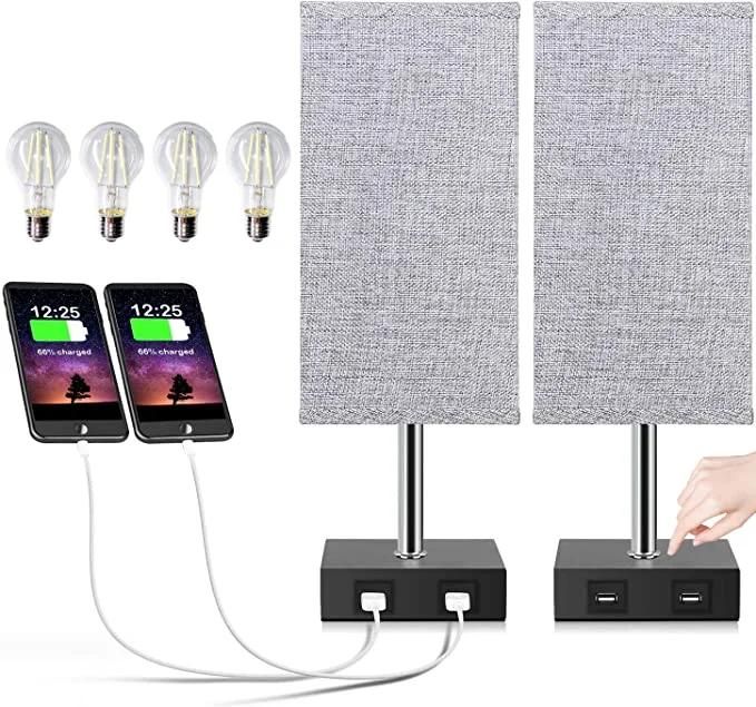 Bedside Lamp Touch Control Table Lamp with USB a+C Charging Ports & AC Outlet 3-Way Dimmable Nightstand Lamp with Linen Fabric Shade for Bedroom Living Room