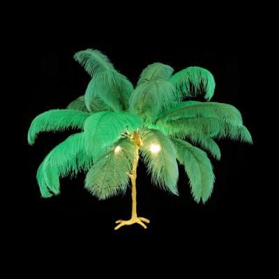 2022 Gold Copper Resin Indoor Designer Decorative Ostrich Green Feather Lights Bedroom LED Table Lamp