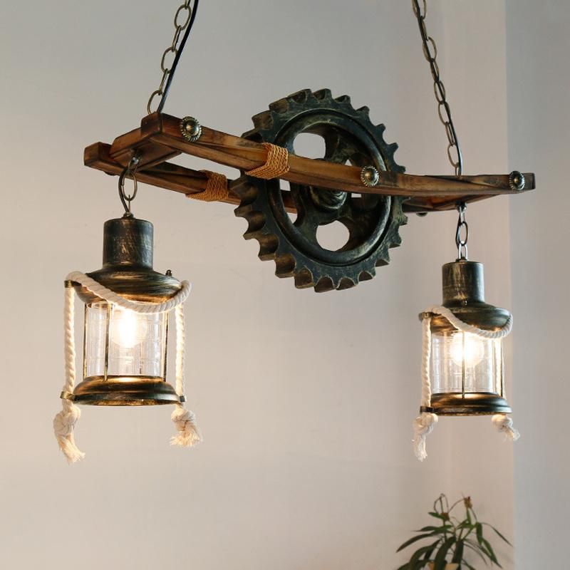 American Design Glass Chandelier Retro Cafe Wooden Lamp Gear Industrial Rectangle Chandelier (WH-VP-71)