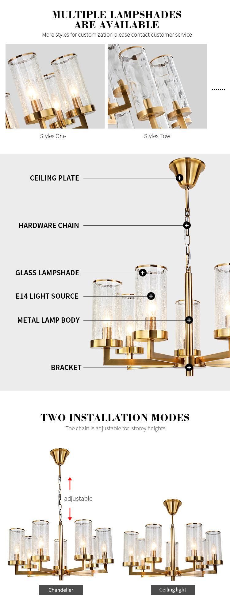Modern European Style Gold Bronze Color Glass E14 Chandeliers Lighting for Living Room