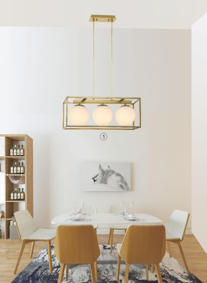 3LT Contemporary Style Rectangle Iron Pendant Lamp with Glass ball for Restaurant