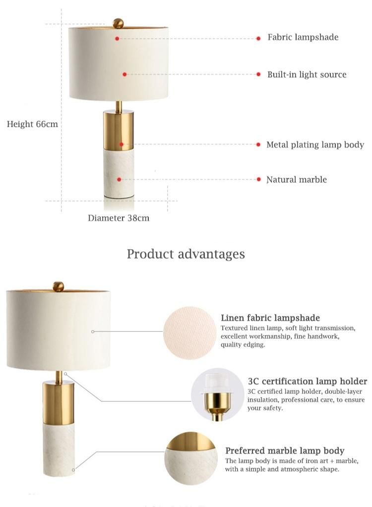 Home Decor Modern Luxury Bed Side Fabric Shade Metal Table Lamps Reading Lamps for Bedroom